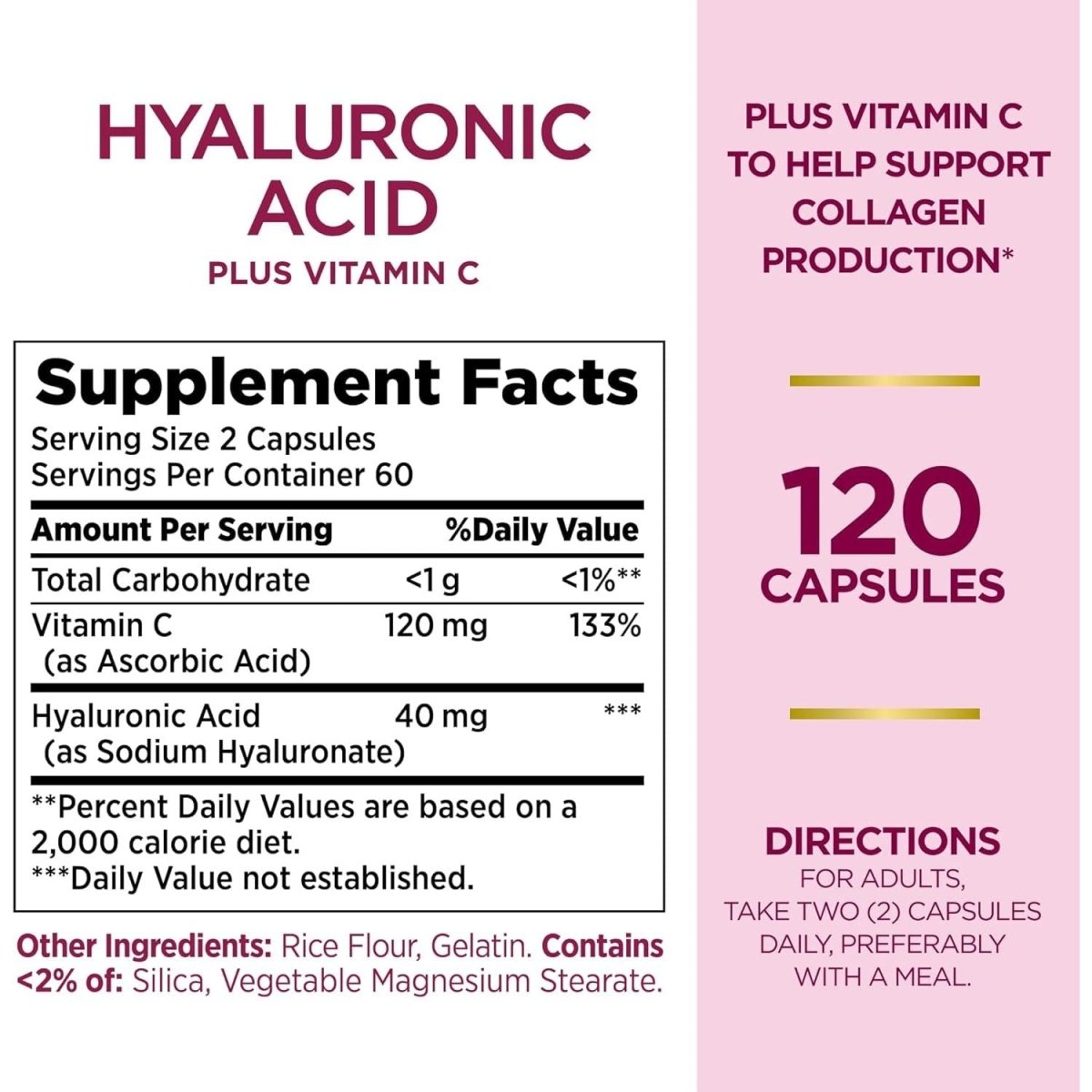 Nature'S Bounty Vitamin C and Hyaluronic Acid Supplement,120 Capsules - , Optimal Solutions Supplements for Skin Health - Suppviv