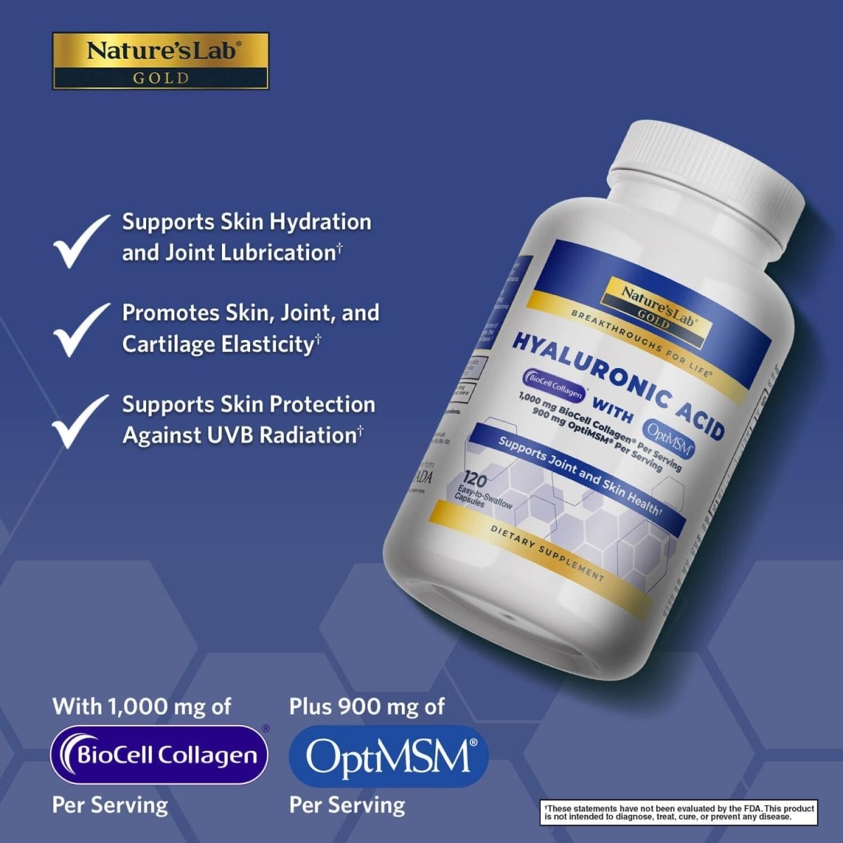 Nature'S Lab Hyaluronic Acid with Biocell Collagen and MSM - Skin Hydration, Joint Health - 120 Capsules - Suppviv