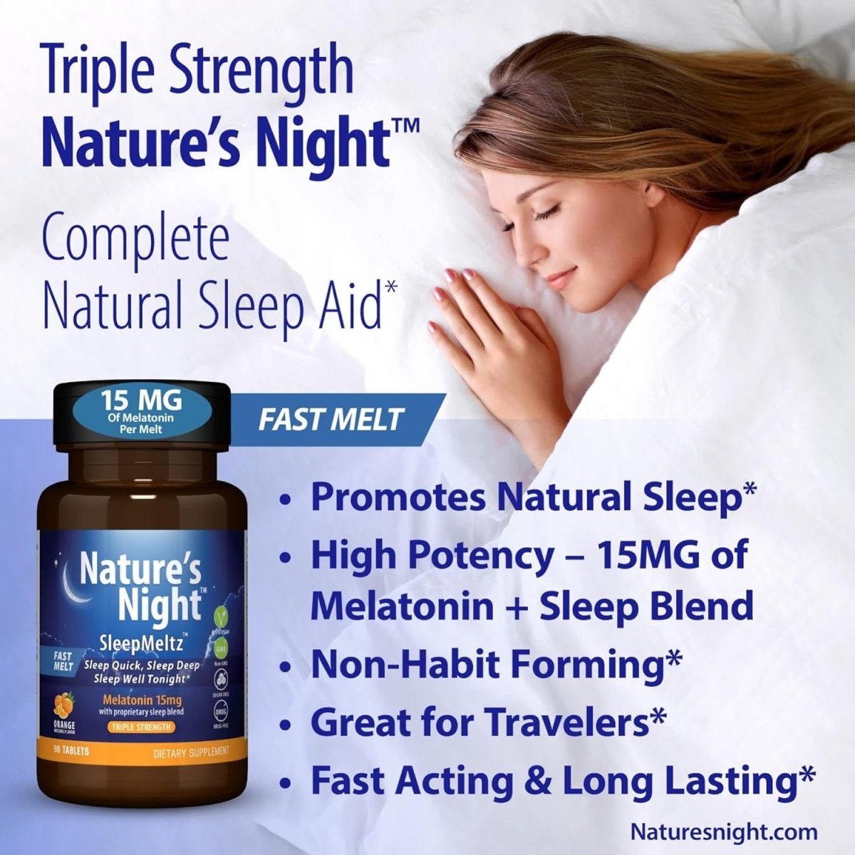 Nature'S Night Triple Strength Quick Dissolve Melatonin 15Mg with Supportive Blend | Natural Orange Flavor | 90 Count | Sugar Free, Vegan, Non - Gmo, Drug Free - Suppviv