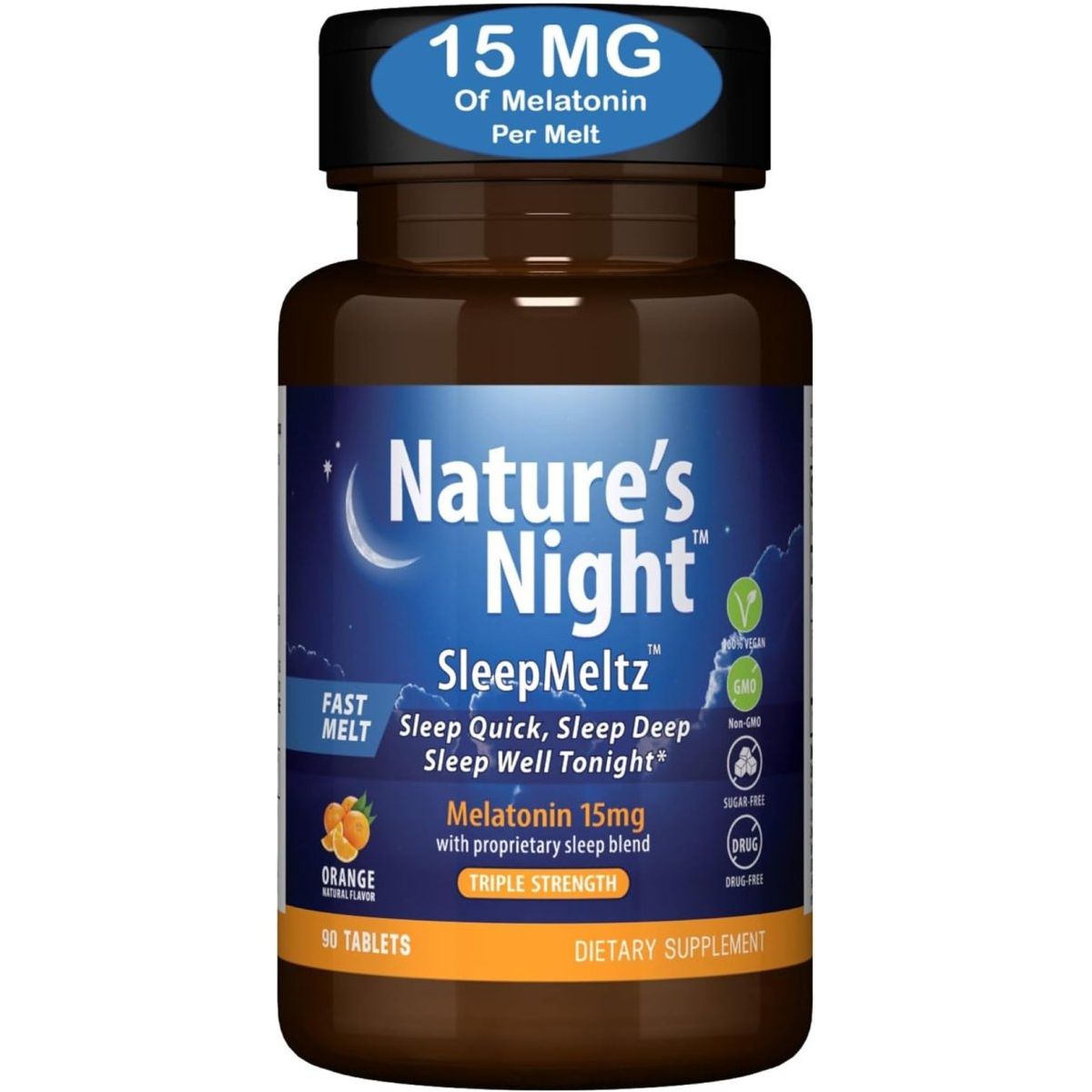 Nature'S Night Triple Strength Quick Dissolve Melatonin 15Mg with Supportive Blend | Natural Orange Flavor | 90 Count | Sugar Free, Vegan, Non - Gmo, Drug Free - Suppviv