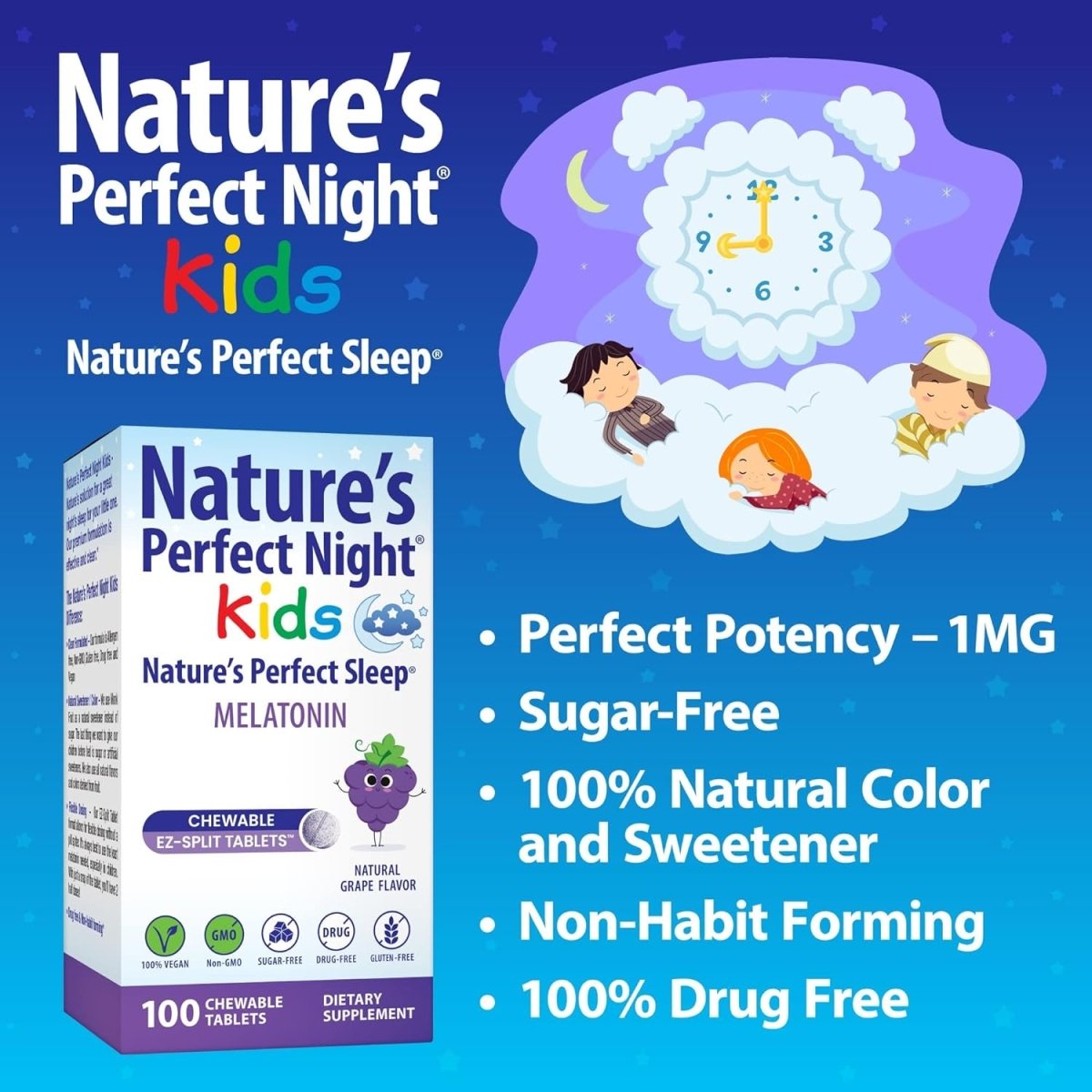 Nature'S Perfect Night Kids - Natural Grape Flavor | 100 Chewable Tablets - Suppviv