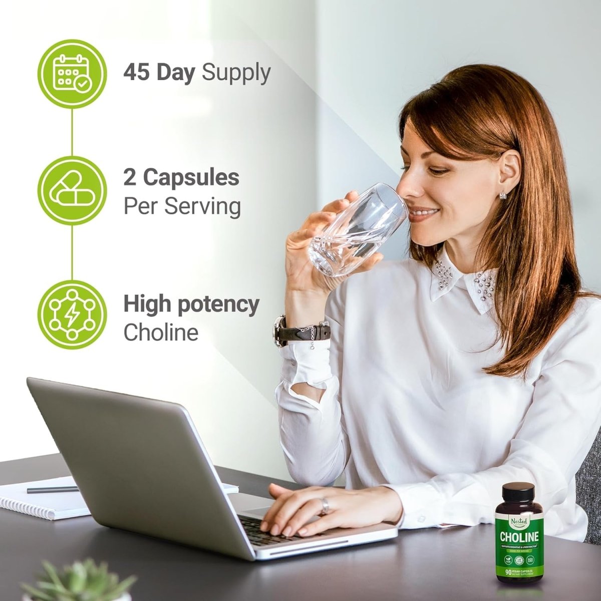 Nested Naturals Choline Bitartrate 500Mg - Supports Cognitive Performance & Liver Function - 90 Vegan Capsules - Suppviv