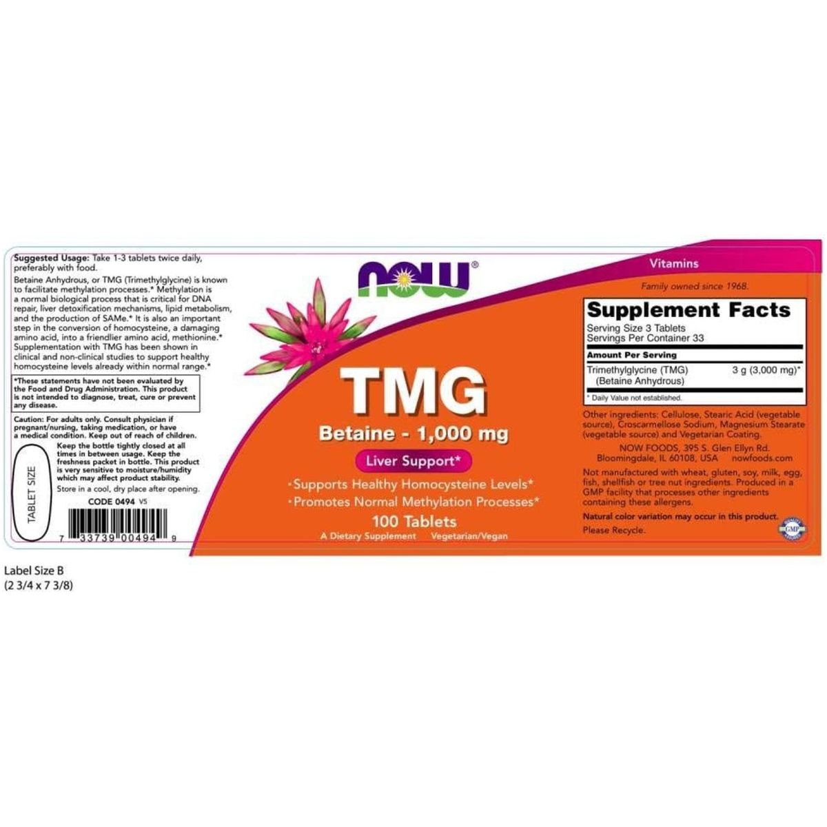 NOW Foods Supplements, TMG Betaine (Trimethylglycine) 1,000 Mg, Liver Support*, 100 Tablets - Suppviv