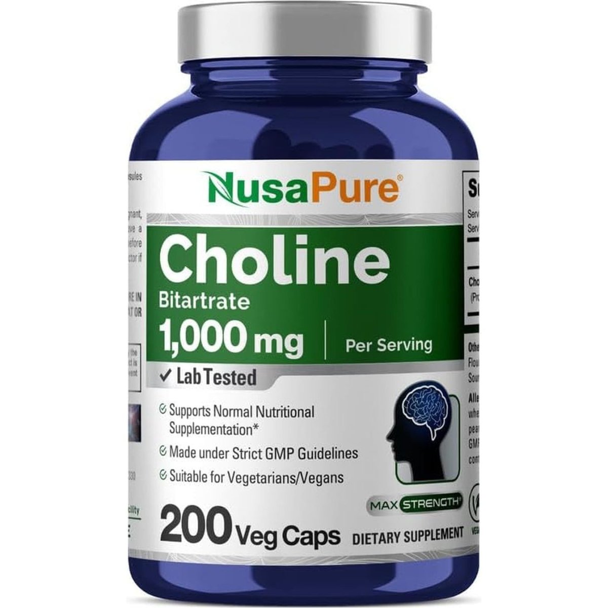 Nusapure Choline Bitartrate 1000 Mg 200 Veggie Capsules (Vegetarian, Non - Gmo) - Suppviv