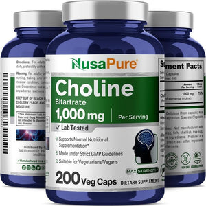 Nusapure Choline Bitartrate 1000 Mg 200 Veggie Capsules (Vegetarian, Non - Gmo) - Suppviv