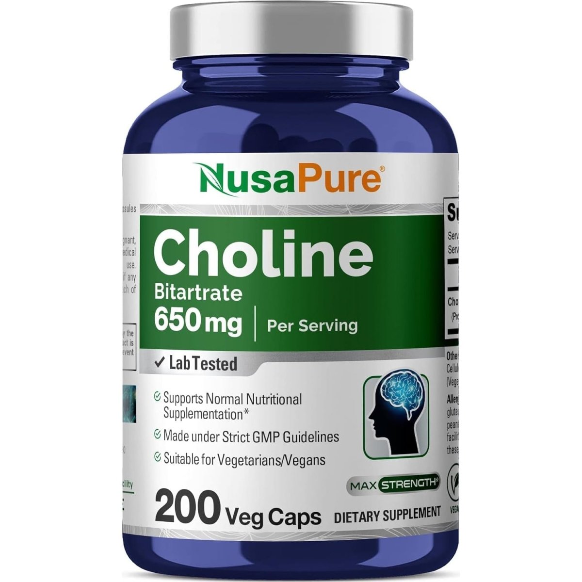 Nusapure Choline Bitartrate 650 Mg 200 Veggie Capsules (Vegetarian, Non - Gmo, Vegan) - Suppviv