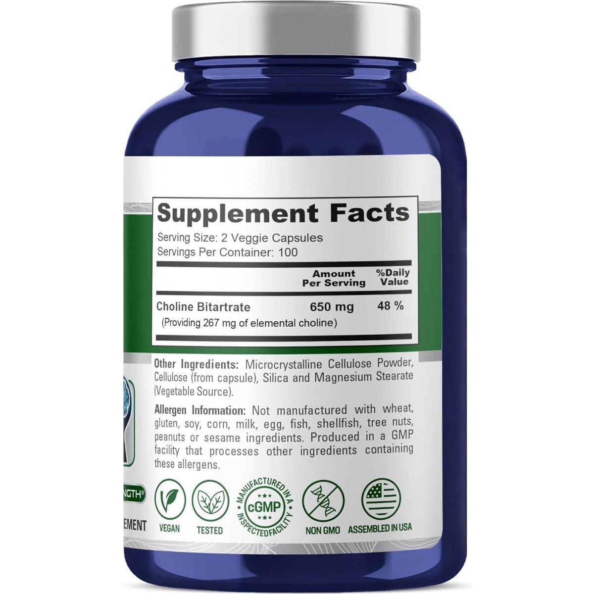 Nusapure Choline Bitartrate 650 Mg 200 Veggie Capsules (Vegetarian, Non - Gmo, Vegan) - Suppviv