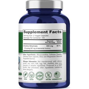 Nusapure Choline Bitartrate 650 Mg 200 Veggie Capsules (Vegetarian, Non - Gmo, Vegan) - Suppviv