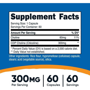 Nutricost CDP Choline (Citicoline) 300Mg, 60 Vegetarian Capsules - Suppviv