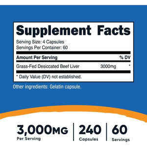 Nutricost Grass Fed Desiccated Beef Liver Capsules 3000Mg 1 PACK - Suppviv