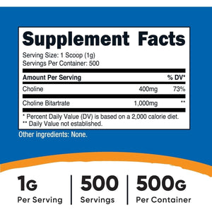 Nutricost Pure Choline Bitartrate Powder 500 Grams - Suppviv