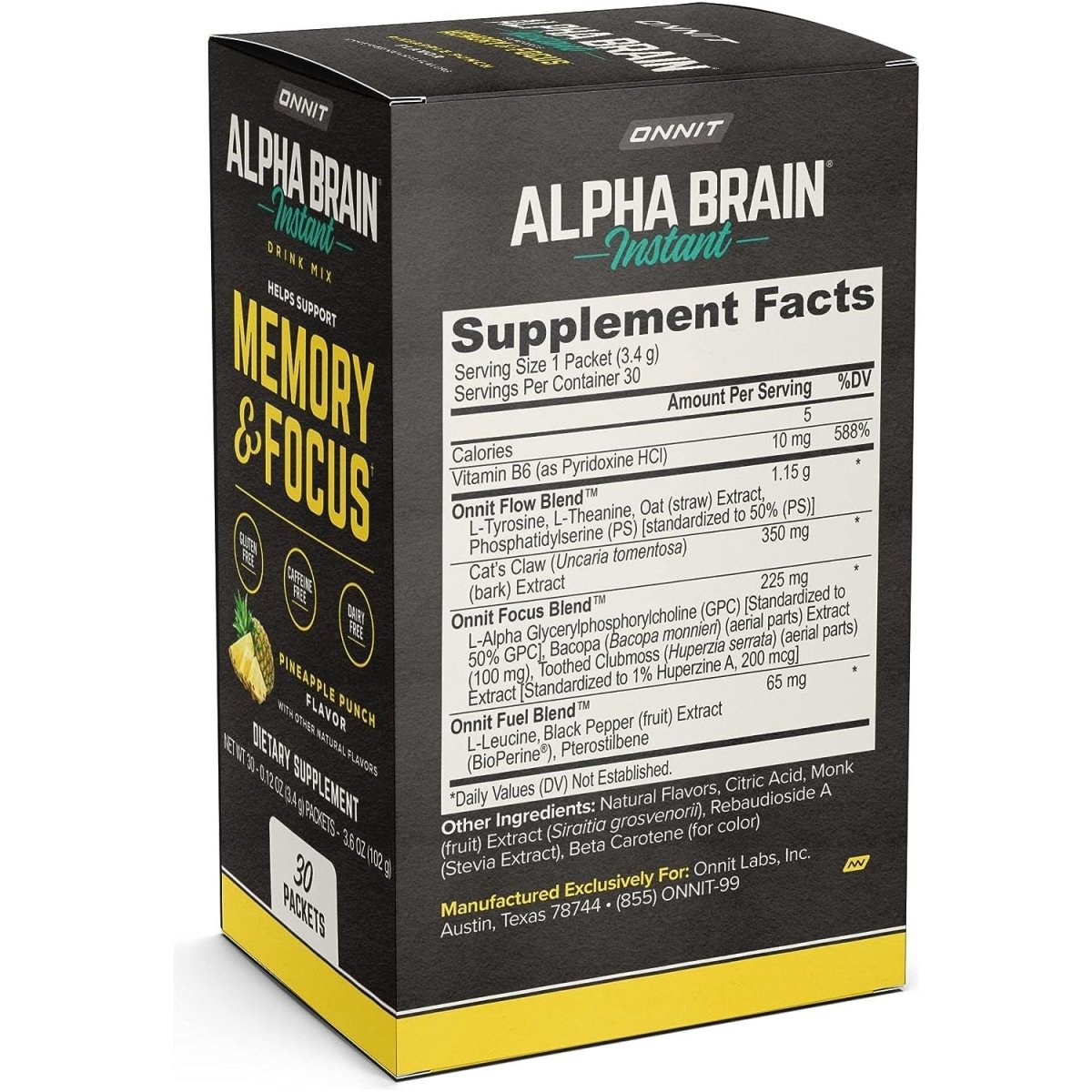 ONNIT Alpha Brain Instant - Pineapple Punch Flavor - Nootropic Brain Booster Memory Supplement - 30Ct - Suppviv