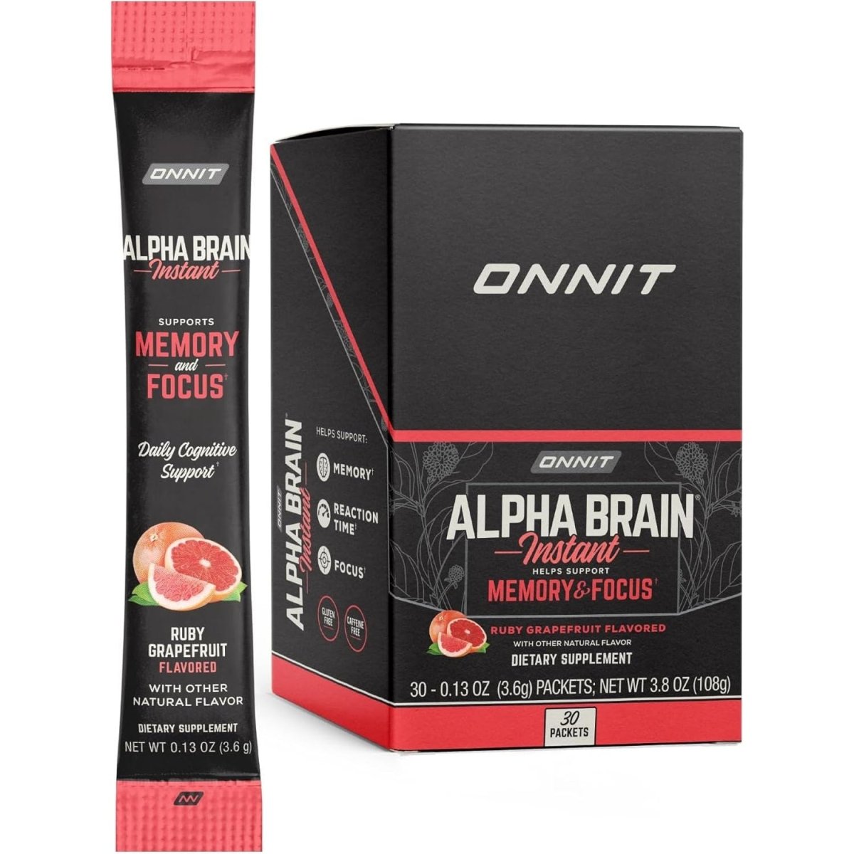 ONNIT Alpha Brain Instant - Ruby Grapefruit Flavor - Nootropic Brain Booster Memory Supplement - 30Ct - Suppviv