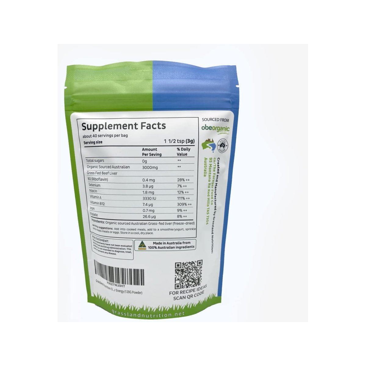 Organic Grass Fed Beef Liver (Freeze Dried) — Natural Iron, Vitamin A, B12 for Energy (120G Powder) - Suppviv