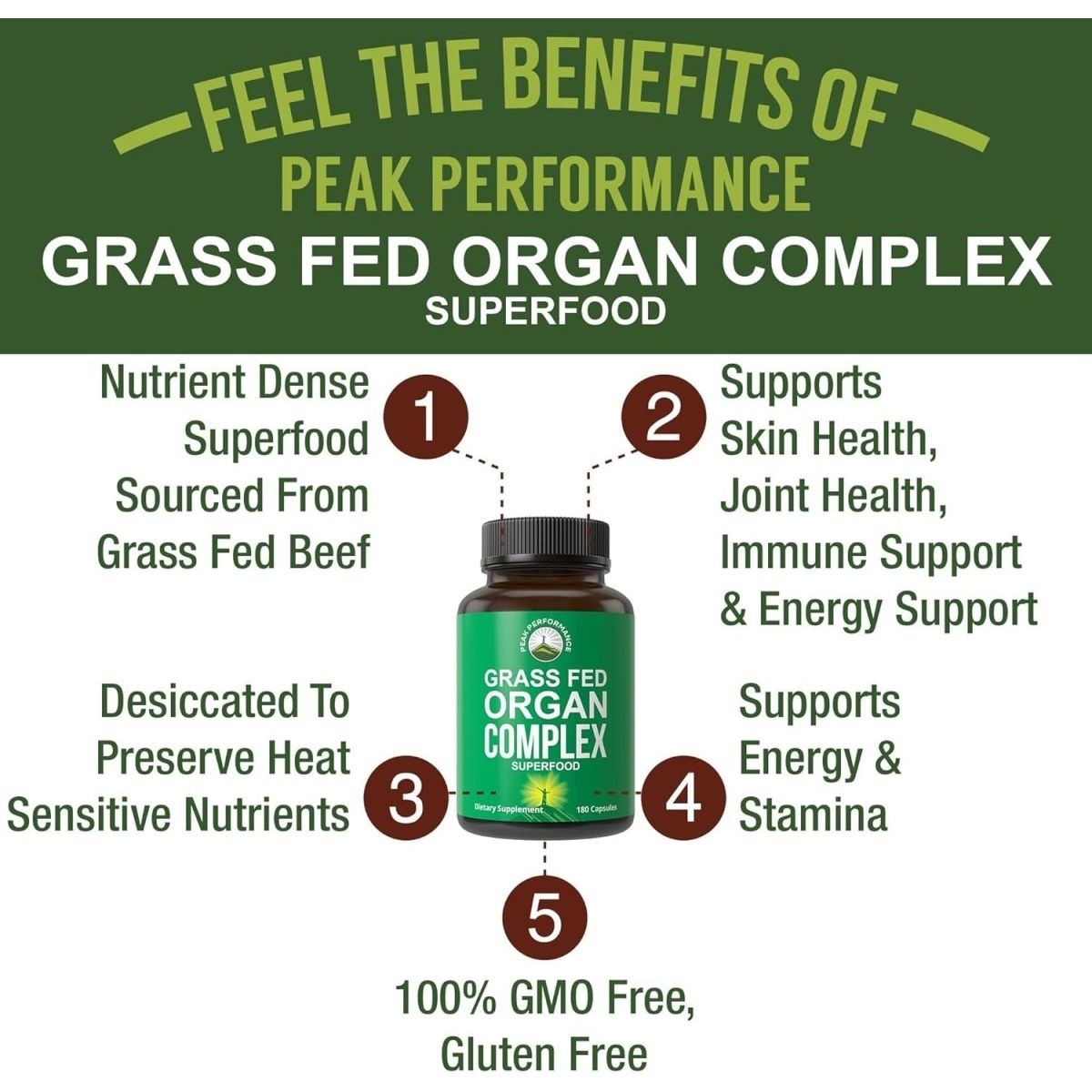 Peak Performance Grass Fed Beef Organ Complex from New Zealand (180 Capsules) - Suppviv