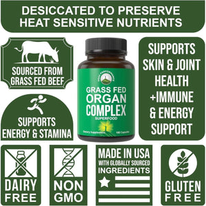 Peak Performance Grass Fed Beef Organ Complex from New Zealand (180 Capsules) - Suppviv