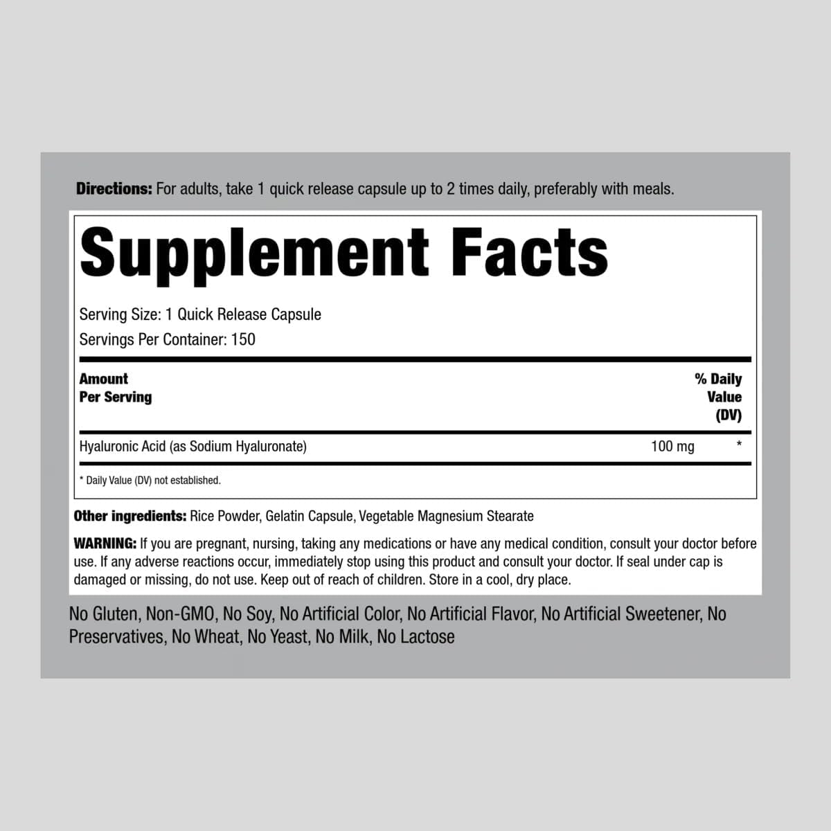 Piping Rock Hyaluronic Acid Capsules | 100Mg | 150 Count | Premium Formula | Non - Gmo, Gluten Free Supplement - Suppviv