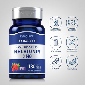 Piping Rock Melatonin 3Mg | 180 Fast Dissolve Tablets | Berry Flavor | Adult Support Formula | Non - Gmo, Gluten Free - Suppviv
