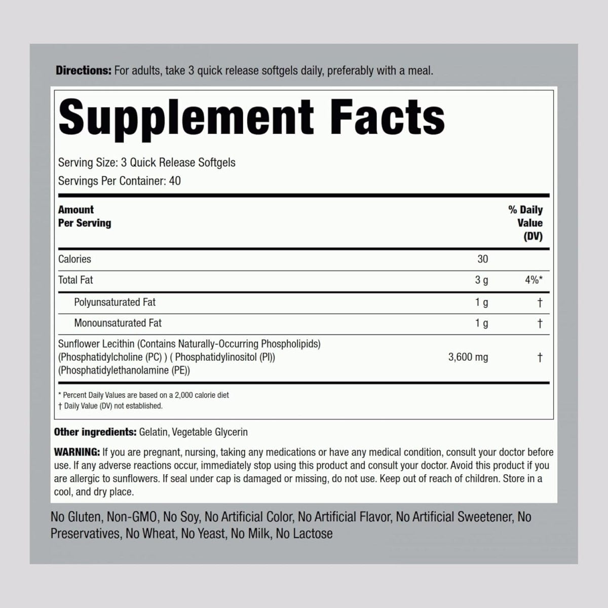 Piping Rock Sunflower Lecithin Softgel Capsules | 3600 Mg | 120 Count | Rich in Phosphatidylcholine | Soy Free, Non - Gmo, Gluten Free - Suppviv