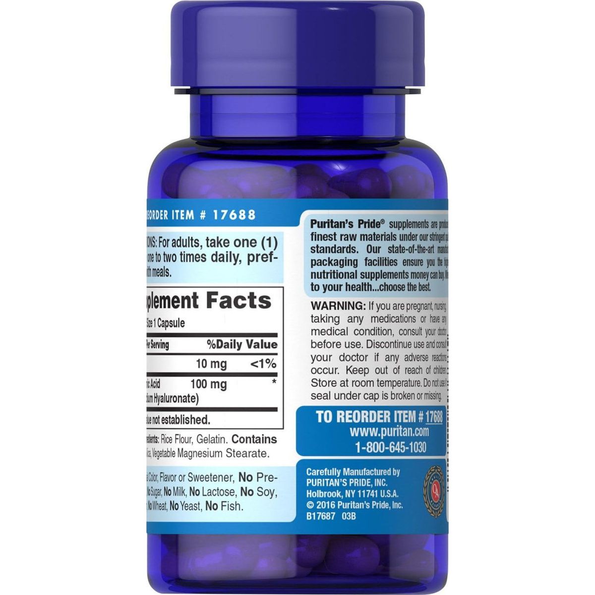 Puritans Pride Hyaluronic Acid 100Mg, Dietary Supplement for Skin Hydration, 60 Rapid Release Capsules - Suppviv