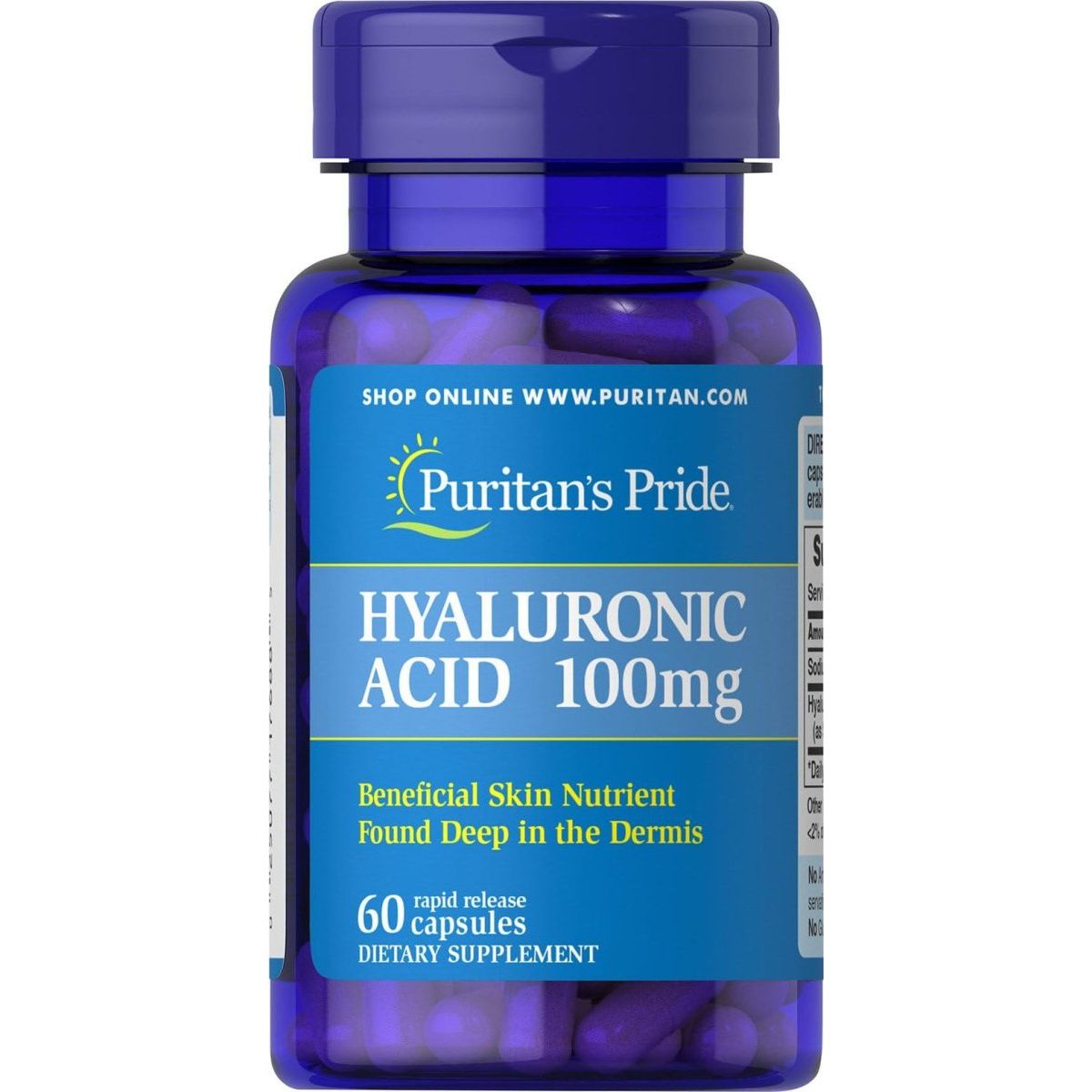 Puritans Pride Hyaluronic Acid 100Mg, Dietary Supplement for Skin Hydration, 60 Rapid Release Capsules - Suppviv