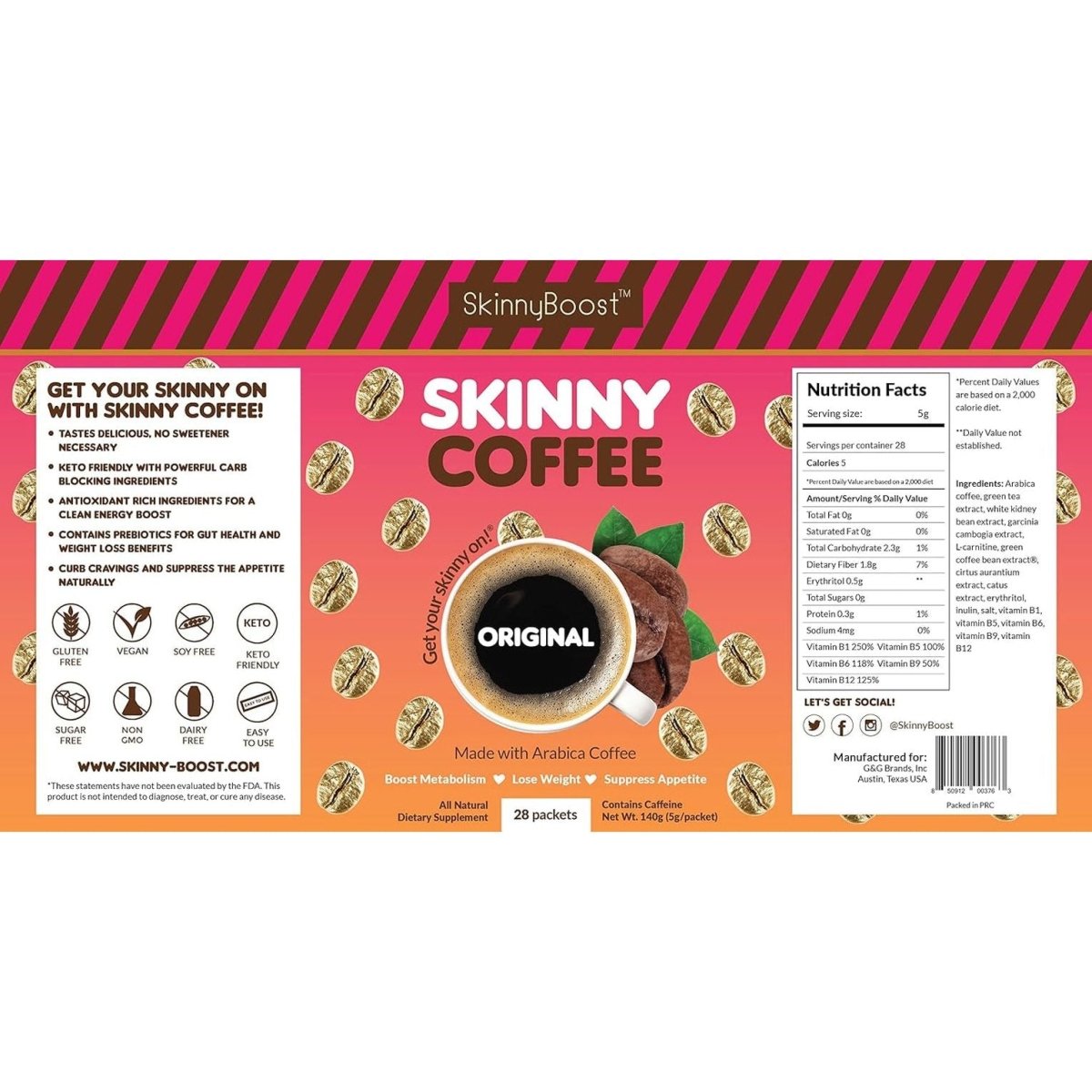 Skinny Boost Skinny Coffee - (Unflavored) Instant Sticks (28 Packets) - Suppviv