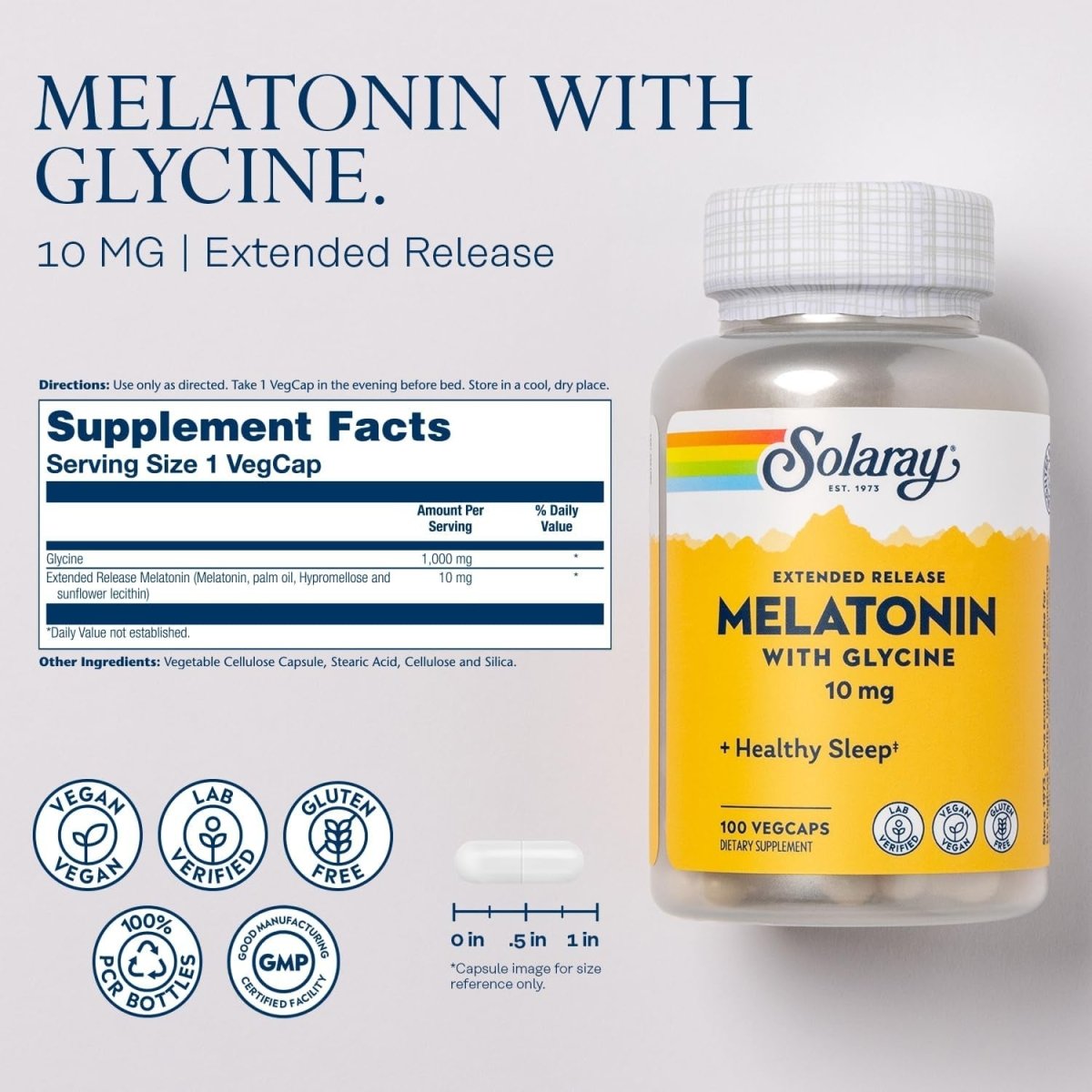 SOLARAY Melatonin 10Mg with Glycine - Healthy Sleep Aid and Calming Relaxation Support - 100 Vegcaps - Suppviv