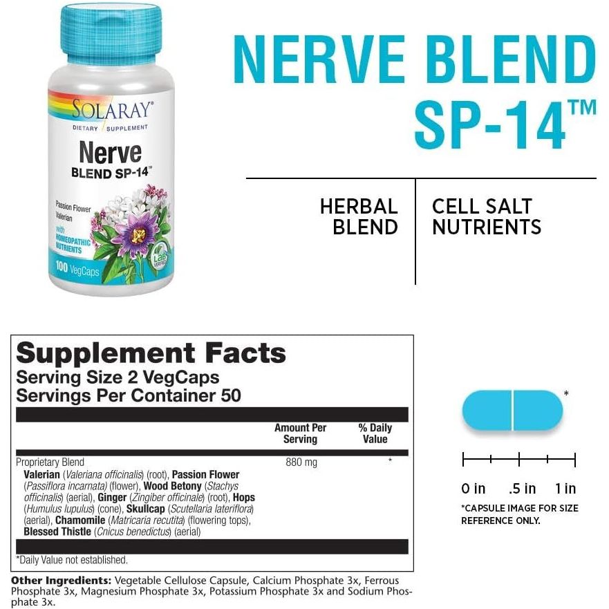 Solaray Nerve Blend SP - 14 | Homeopathic Nutrients - Calming & Sleep Support 100 Vegcaps - Suppviv