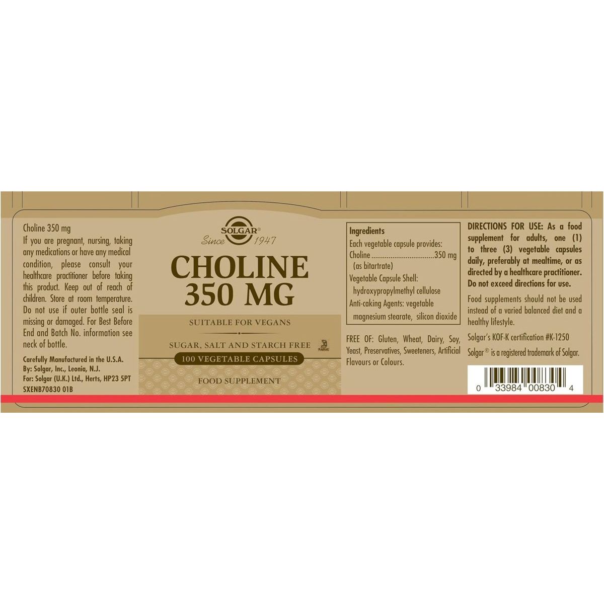 Solgar Choline 350 Mg, 100 Vegetable Capsules - Supports Healthy Brain & Cellular Function - Suppviv