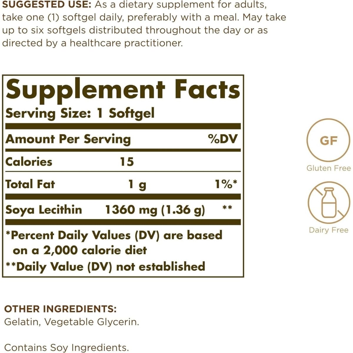 SOLGAR SOYA Lecithin 1360 Mg - 100 Softgels - Source of Choline - Gluten & Dairy Free - 100 Servings - Suppviv