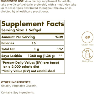 SOLGAR SOYA Lecithin 1360 Mg - 100 Softgels - Source of Choline - Gluten & Dairy Free - 100 Servings - Suppviv