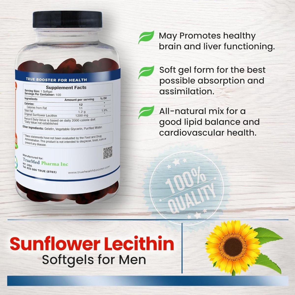 Sunflower Lecithin 1200Mg Promotes Cognitive Function Mental Clarity Healthy Cholesterol, and Cardiovascular Health 100 Softgels - Suppviv