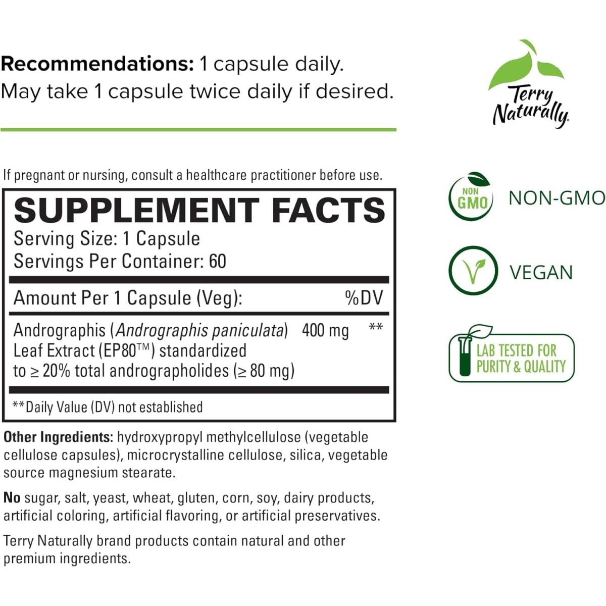 Terry Naturally Andrographis EP80 Extra Strength - 60 Capsules - Suppviv