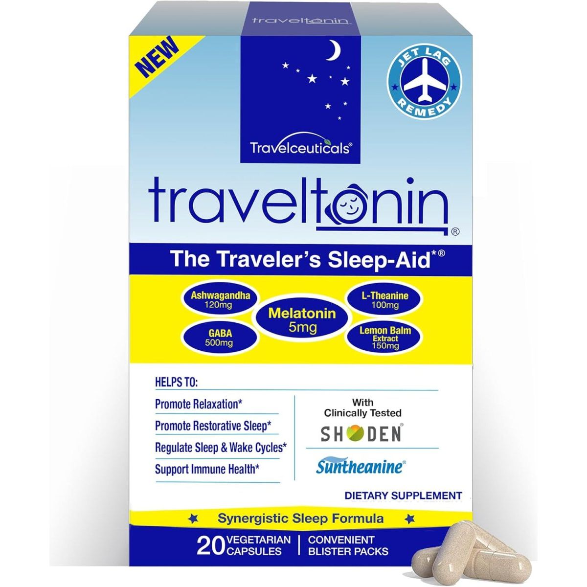Travel Sleep Aid - Jet Lag Relief | Long Flight Essential 20 Capsules - Suppviv