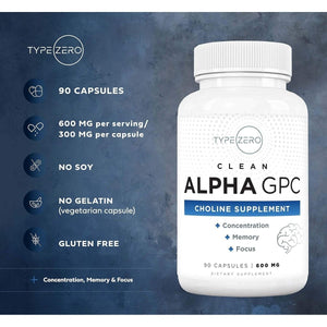 Type Zero Ultra Clean Alpha GPC Choline Supplement (600Mg | 90 Capsules) - Suppviv