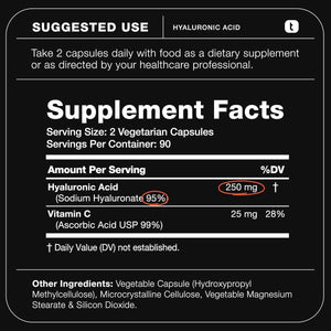 Ultra High Purity Hyaluronic Acid Capsules - 275Mg Formula - 180 Capsules - Suppviv