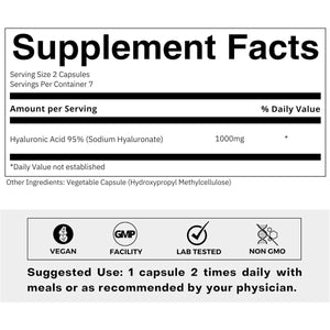 Ultra High Purity Hyaluronic Acid Capsules 500Mg - 95% Sodium Hyaluronate - Suppviv