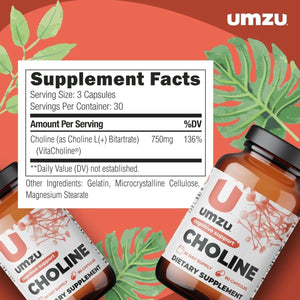 UMZU Choline Supplement for Cognitive and Hormonal Support | Promotes Liver Health & Estrogen Balance (30 Day Supply | 90 Capsules) - Suppviv