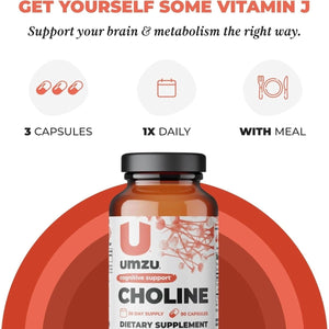 UMZU Choline Supplement for Cognitive and Hormonal Support | Promotes Liver Health & Estrogen Balance (30 Day Supply | 90 Capsules) - Suppviv