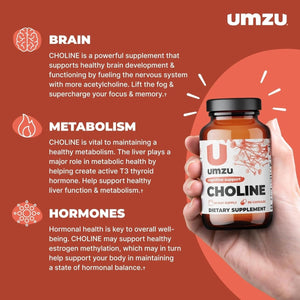 UMZU Choline Supplement for Cognitive and Hormonal Support | Promotes Liver Health & Estrogen Balance (30 Day Supply | 90 Capsules) - Suppviv