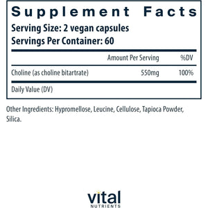 Vital Nutrients Choline 550Mg | 100% RDA for Neurological Development and Health* | 120 Capsules - Suppviv