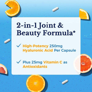 Vitalitown Hyaluronic Acid Supplements 250 Mg, plus 25 Mg Vitamin C, Skin Hydration & Joint Lubrication, 90 Vegan Capsules,.