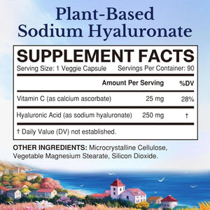 Vitalitown Hyaluronic Acid Supplements 250 Mg, plus 25 Mg Vitamin C, Skin Hydration & Joint Lubrication, 90 Vegan Capsules,.