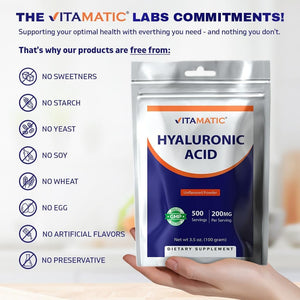 Vitamatic Hyaluronic Acid Powder 200Mg - Supports Healthy Connective Tissue and Joints - 100 Gram - Suppviv
