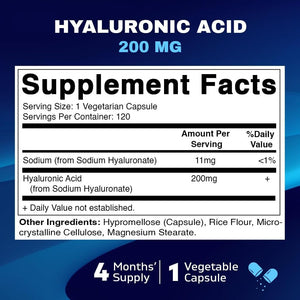 Vitamatic Hyaluronic Acid Supplements 200Mg - Promote Youthful Healthy Skin - 120 Capsules - Suppviv