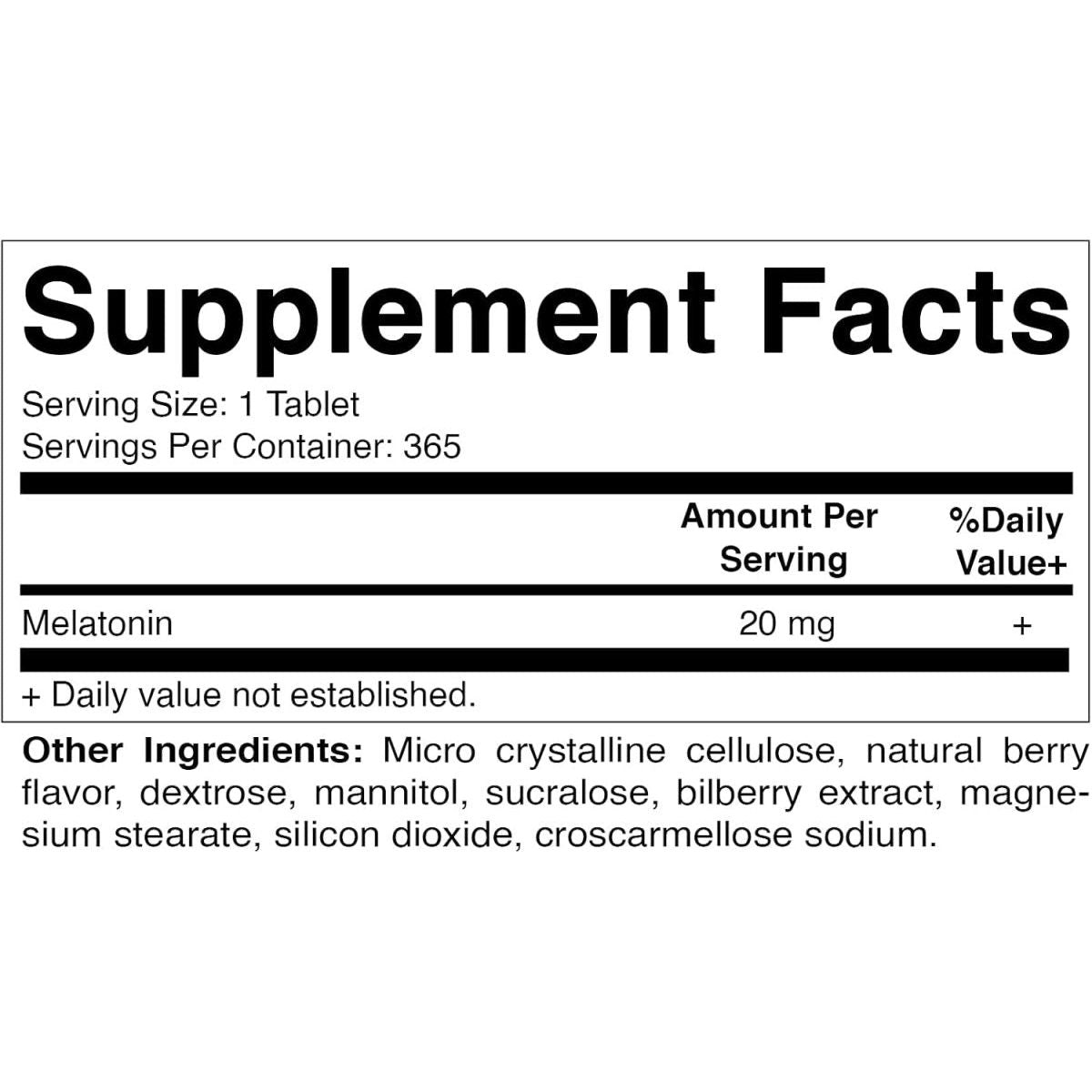 Vitamatic Melatonin 20Mg Tablets - Natural Berry Flavor - 365 Tablets - Suppviv