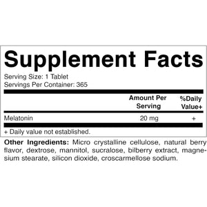 Vitamatic Melatonin 20Mg Tablets - Natural Berry Flavor - 365 Tablets - Suppviv