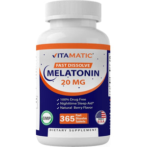 Vitamatic Melatonin 20Mg Tablets - Natural Berry Flavor - 365 Tablets - Suppviv
