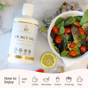 Vitatradingco. 100% Pure C8 MCT Oil | 3X Distilled Caprylic Acid | 32Oz, 64 Servings (Unflavored) - Suppviv
