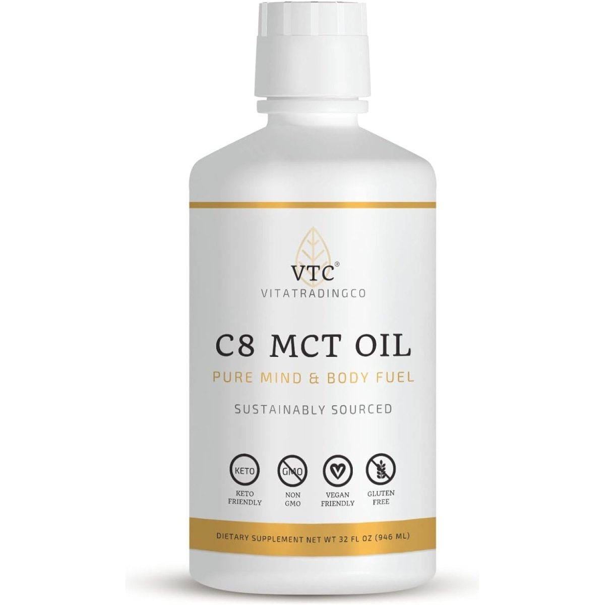 Vitatradingco. 100% Pure C8 MCT Oil | 3X Distilled Caprylic Acid | 32Oz, 64 Servings (Unflavored) - Suppviv